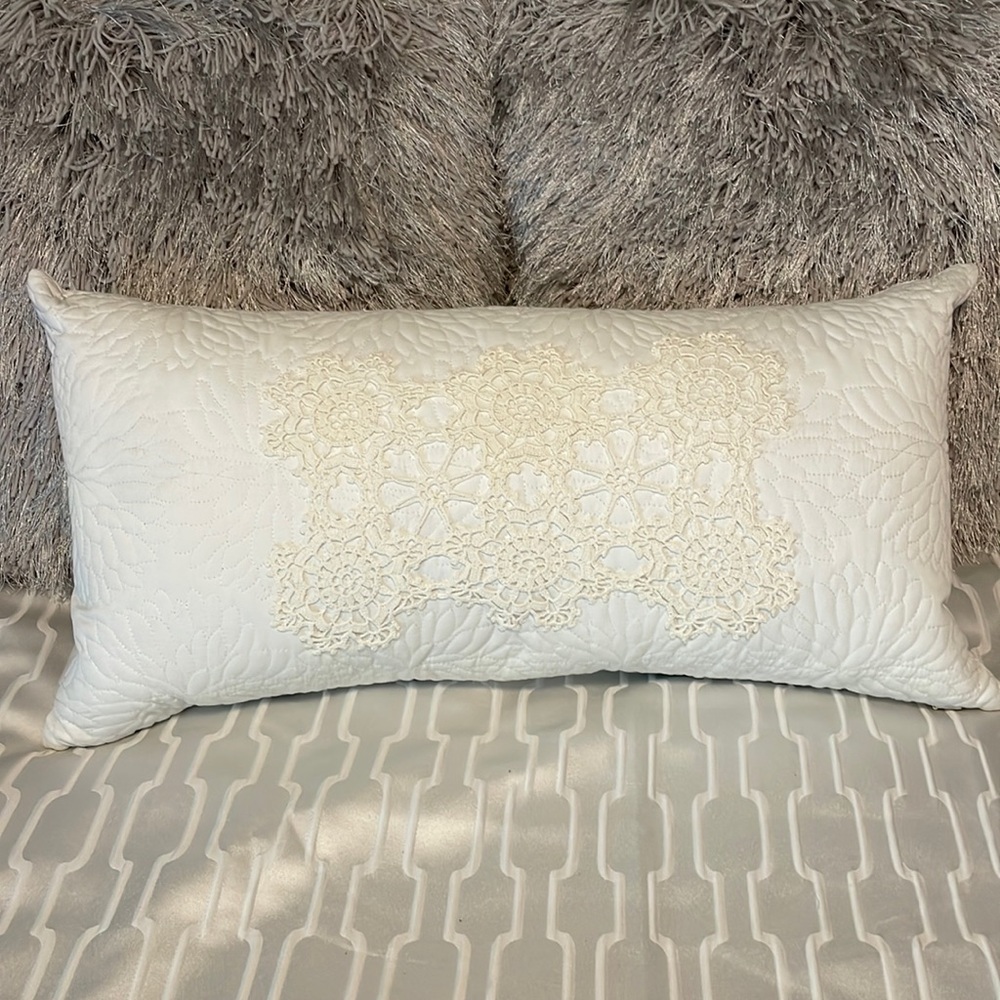 White Decorator Feather Pillow w/ Vintage Doily